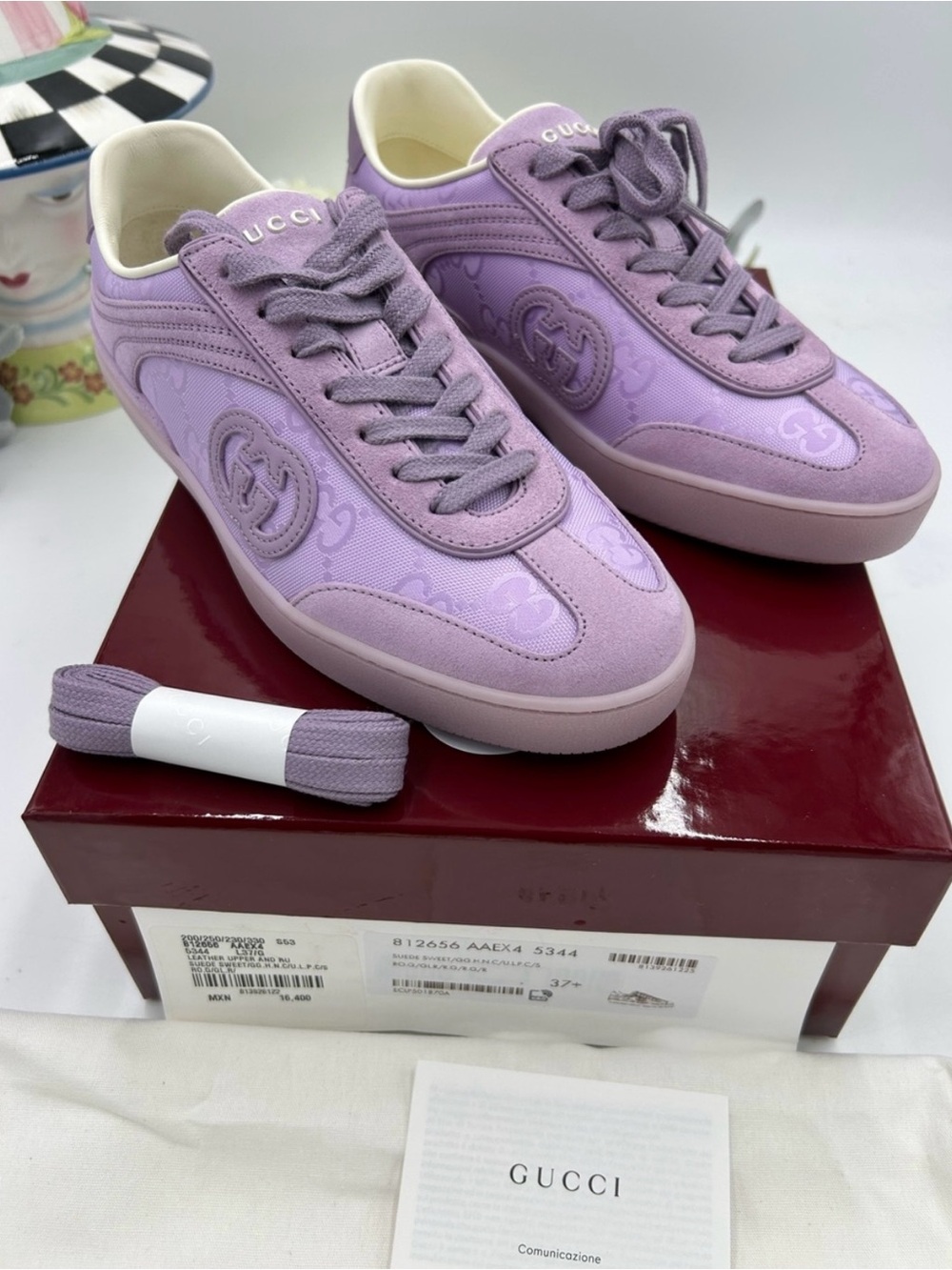 Women’s Gucci G 75 lilac suede sneakers interlocking G size 37.5 made in Italy